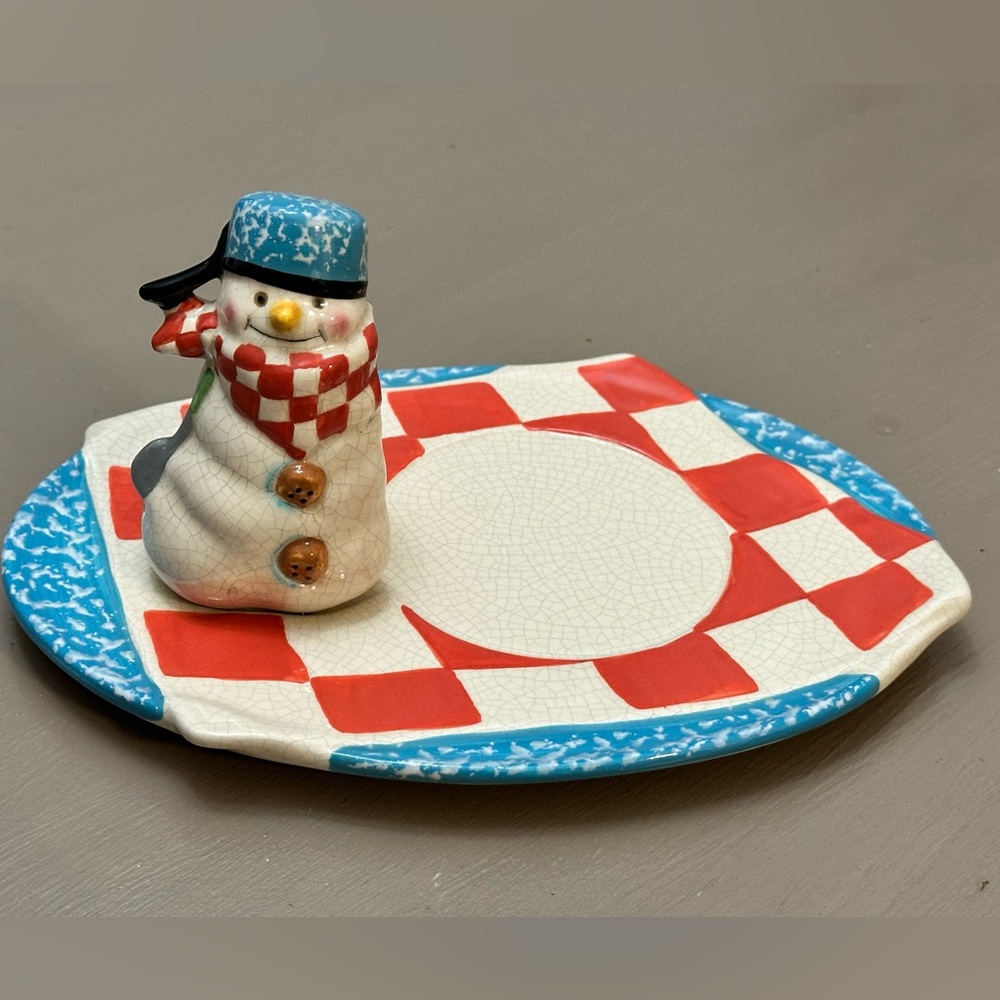 Hallmark Jan Karon Mitford Snowman Snack Plate Cup Holder Platter Crackle Glaze